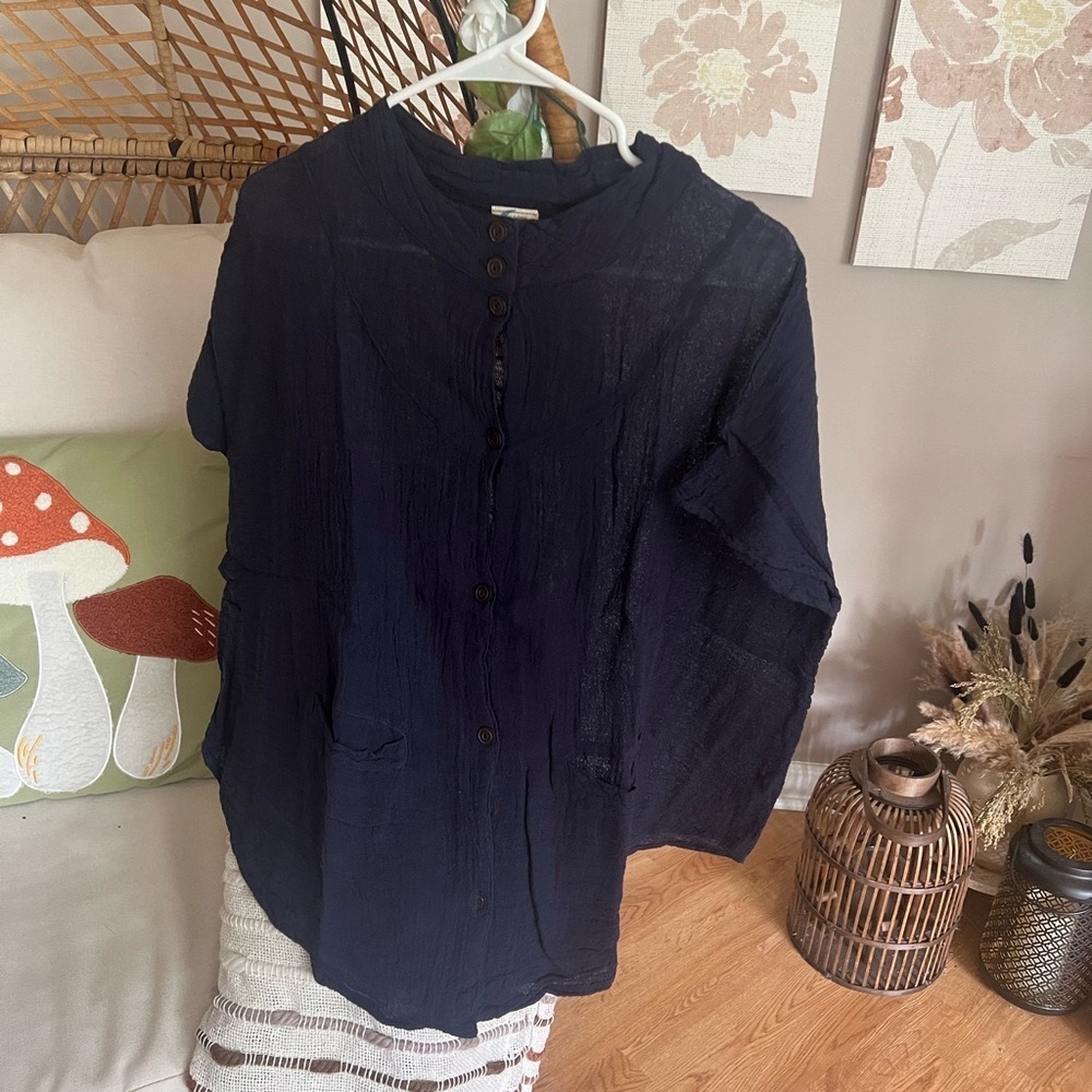 NWOT Jaded Gypsy Navy Button-Up Top NWT One Size Crinkle Gauze Boho